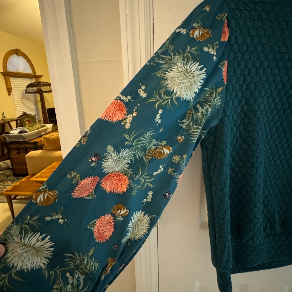 Anthropologie Teal Textured Sweatshirt with Floral Sleeves - Picture 4 of 5